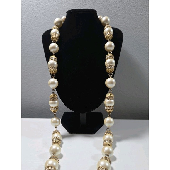 Jewelry - Vintage Statement Faux Pearl Necklace w/ Alternating Gold Filigree Spacers